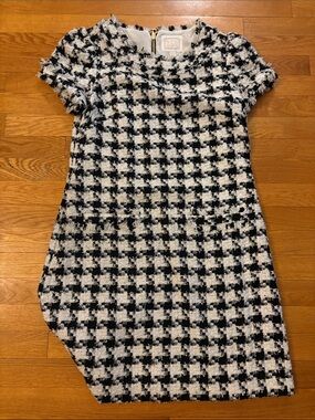 Sail to Sable Black and White Houndstooth Tweed Shift Dress